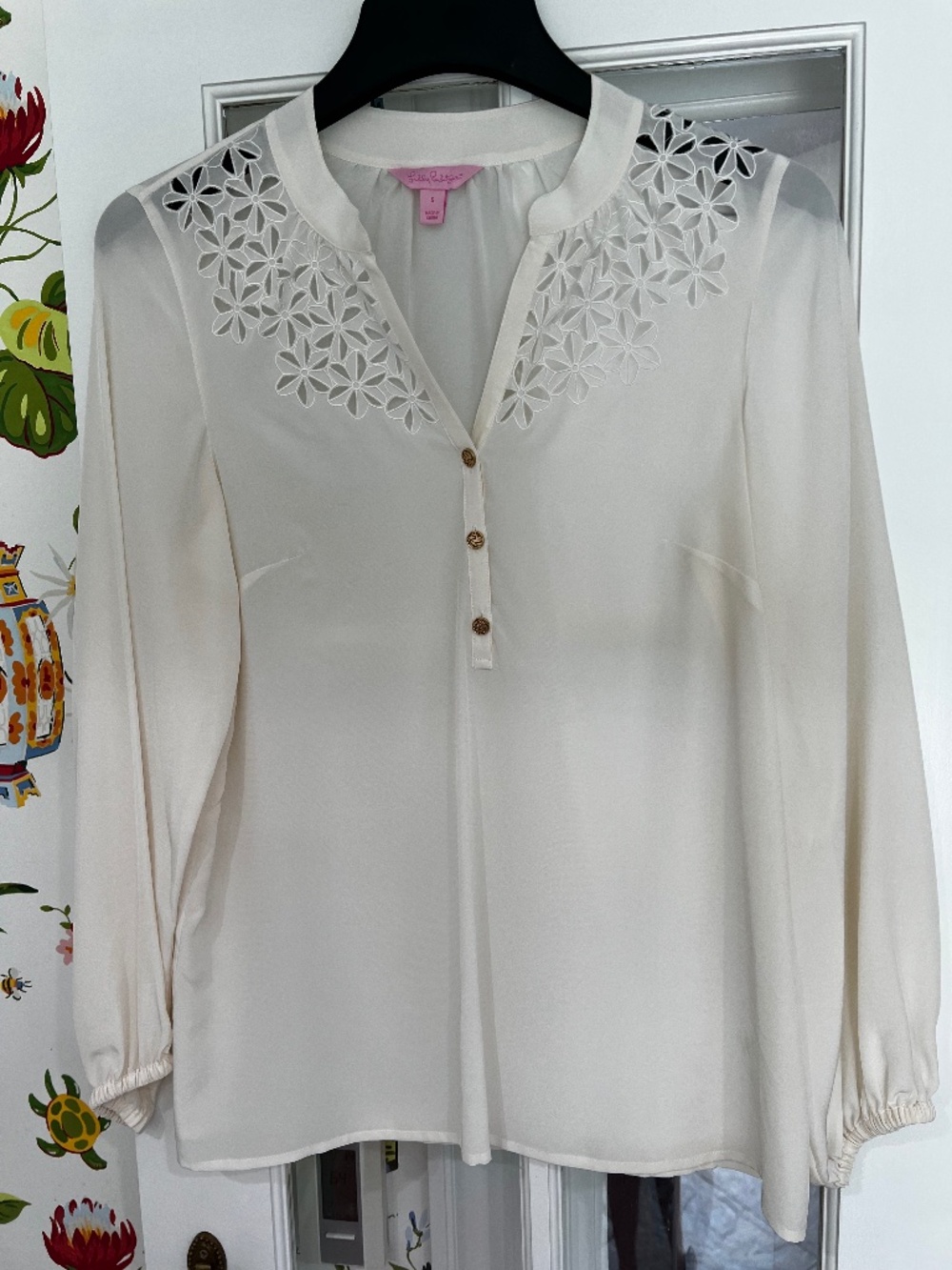 Lilly Pulitzer Elsa Silk Ivory Blouse with Floral Embroidery Small